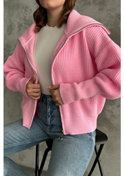 Pembe Devrik Yaka Fermuarlı Triko Hırka fırsatları