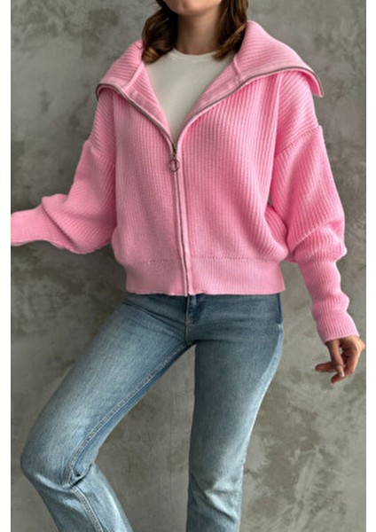 Pembe Devrik Yaka Fermuarlı Triko Hırka indirimleri