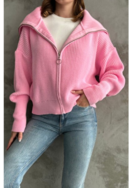 Pembe Devrik Yaka Fermuarlı Triko Hırka
