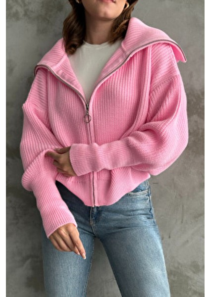 Pembe Devrik Yaka Fermuarlı Triko Hırka