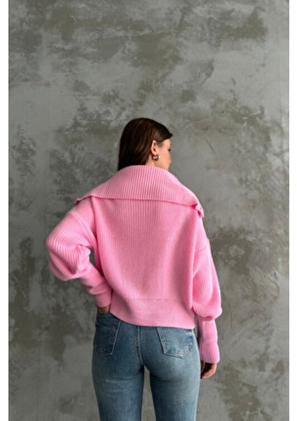 Pembe Devrik Yaka Fermuarlı Triko Hırka