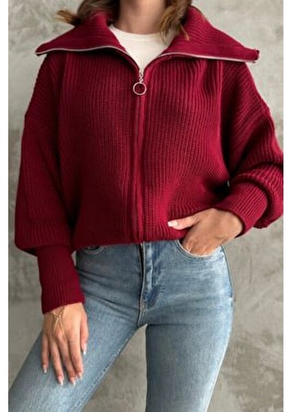 Bordo Devrik Yaka Fermuarlı Triko Hırka