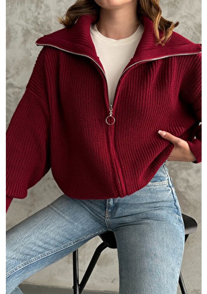 Bordo Devrik Yaka Fermuarlı Triko Hırka fiyatları