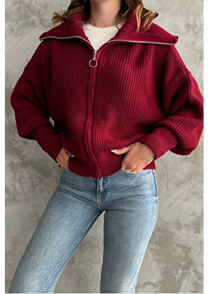 Bordo Devrik Yaka Fermuarlı Triko Hırka modelleri