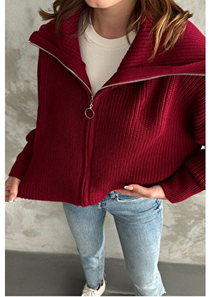 Bordo Devrik Yaka Fermuarlı Triko Hırka fırsatları