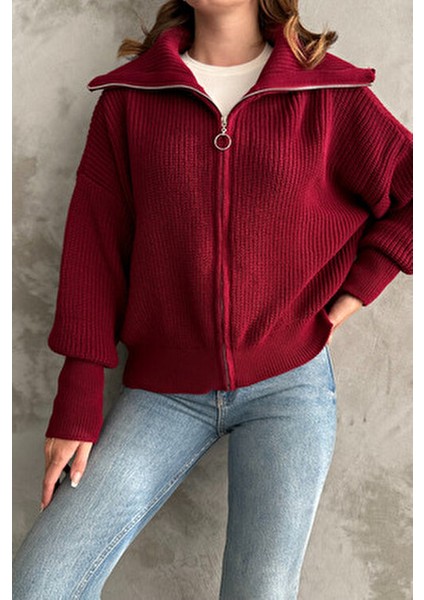 Bordo Devrik Yaka Fermuarlı Triko Hırka indirimleri