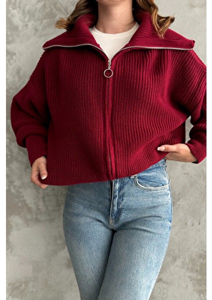 Bordo Devrik Yaka Fermuarlı Triko Hırka