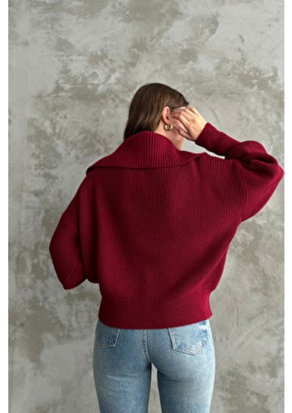Bordo Devrik Yaka Fermuarlı Triko Hırka