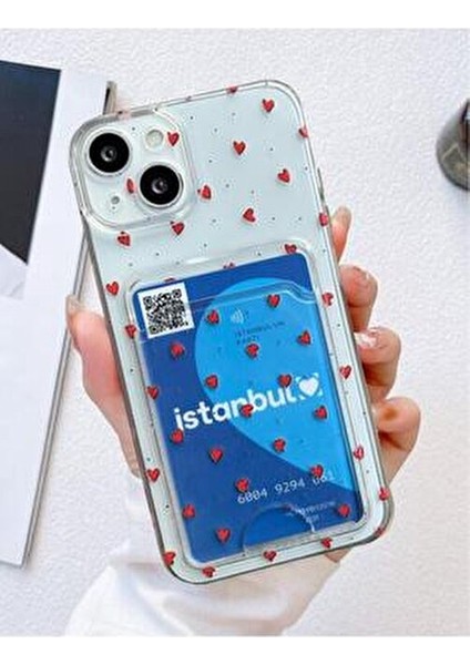 İphone 13-İphone 14 Uyumlu Kartlıklı Minik Kalpler Desenli Şeffaf Silikon Kılıf