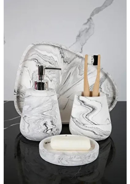 4 Parça Mermer Desenli Beton Banyo Seti Katı Sıvı Sabunluk Diş Fırçalığı Sunum Tepsisi