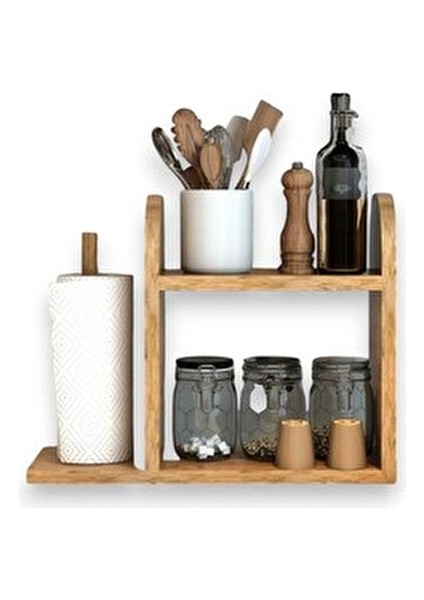 Kağıt Havluluklu Mutfak Rafı Tezgah Üstü Masa Üstü Peçetelik Raf Çam