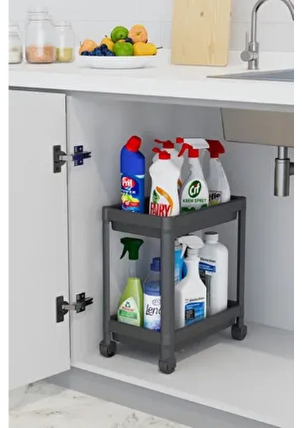 2 Katlı Tekerlekli Düzenleyici Raf , Banyo Dolabı, Mutfak Tezgah ve Evye Altı, Deterjanlık Siyah