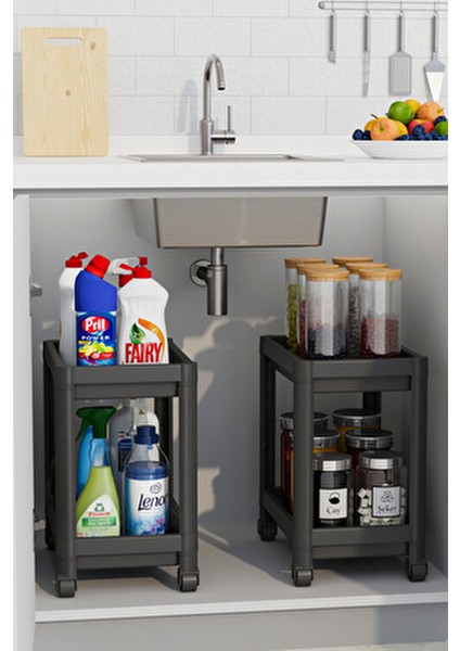 2 Katlı Tekerlekli Düzenleyici Raf , Banyo Dolabı, Mutfak Tezgah ve Evye Altı, Deterjanlık Siyah fiyatları