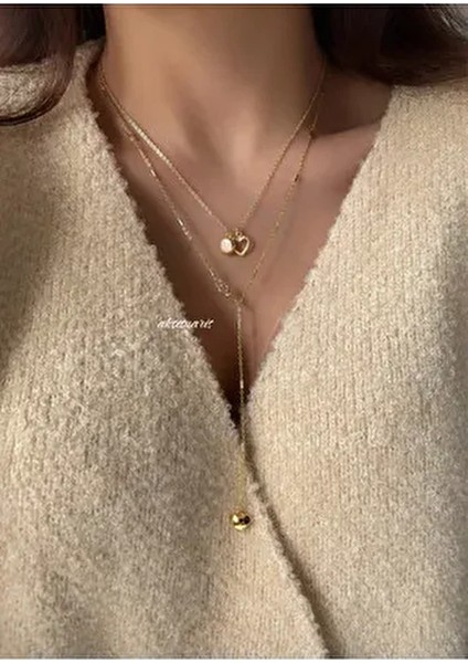 Sarı Maden Renkli 2'li Dekolte Kalp Charm Kolye Set Kadın Kullanıcılar İçin