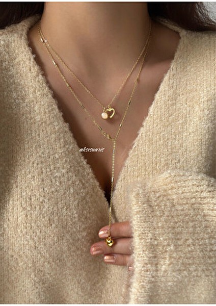 Sarı Maden Renkli 2'li Dekolte Kalp Charm Kolye Set Kadın Kullanıcılar İçin fiyatları