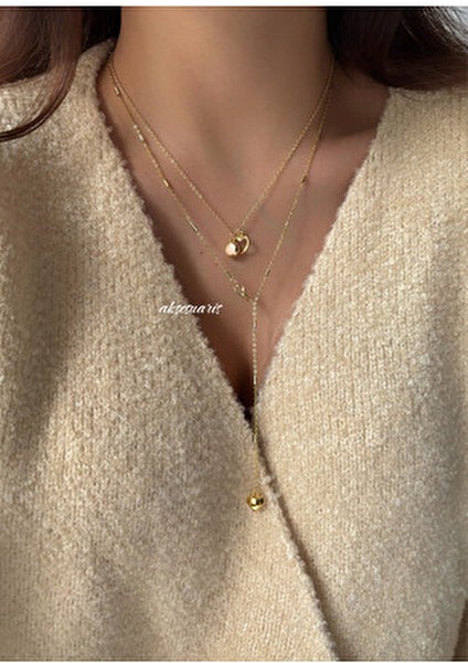 Sarı Maden Renkli 2'li Dekolte Kalp Charm Kolye Set Kadın Kullanıcılar İçin modelleri