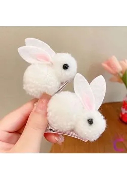 2'li Beyaz Tavşanlı Yumuşak Astarlı Klips Toka Seti - Kız Bebek Çocuk Klipsli Pens Saç Tokası
