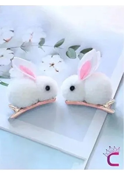 2'li Beyaz Tavşanlı Yumuşak Astarlı Klips Toka Seti - Kız Bebek Çocuk Klipsli Pens Saç Tokası fırsatları