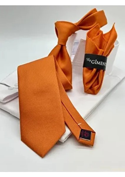 Turuncu Kendinden Desenli Klasik Mendilli Kravat