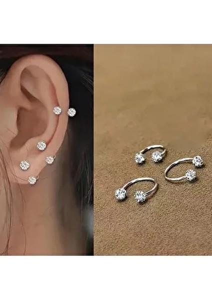 3'lü 316L Kararmaz Cerrahi Çelik Kristal Taşlı Kıkırdak Dudak Burun Septum Tragus Piercing Minik Boy