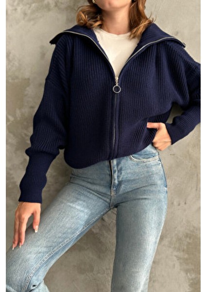 Lacivert Devrik Yaka Fermuarlı Triko Hırka