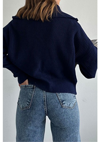 Lacivert Devrik Yaka Fermuarlı Triko Hırka indirimleri