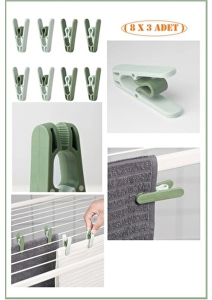 Slibb, Çamaşır Mandalı, 24 Adet, Yeşil Renk (3x8)