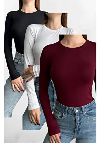 Siyah-Beyaz-Bordo 3'lü Bisiklet Yaka Basic Uzun Kollu Body