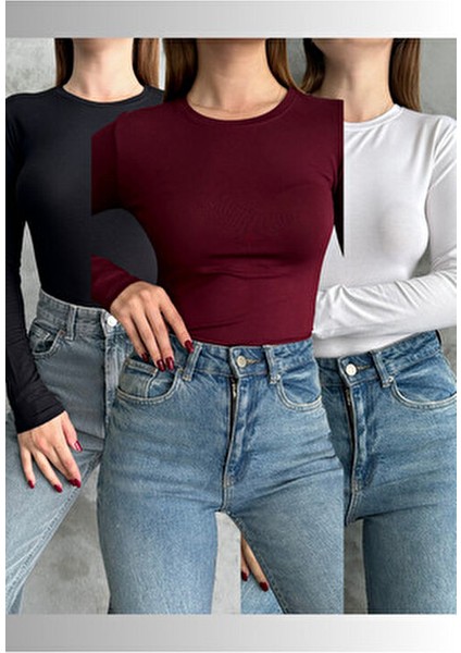 Siyah-Beyaz-Bordo 3'lü Bisiklet Yaka Basic Uzun Kollu Body