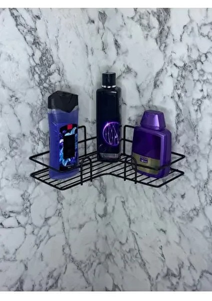 Tekli Geniş L Tasarım Güçlü Magic Yapışkanlı Siyah Banyo Köşe Rafı