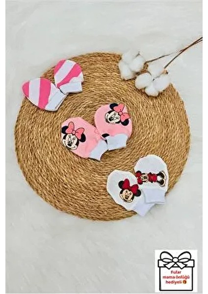 Kız Bebek Yenidoğan Penye Organik Pamuklu Bebek Eldiveni 3 Çift Set - Minnie