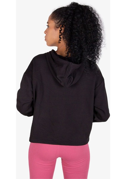 Cropped Logo Tr Kadın Siyah Kapüşonlu Sweatshirt