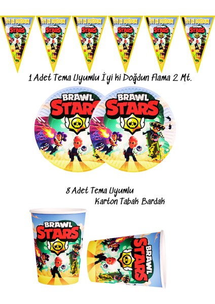 Brawl Stars Temalı Tabak , Bardak , Flama Bayrak Doğum Günü Süsleri