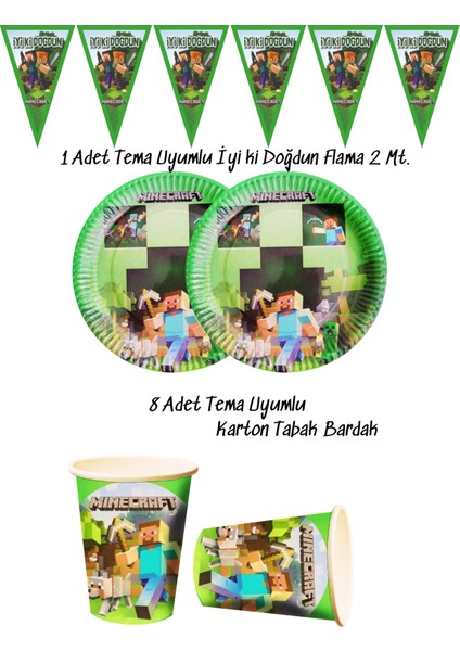 Minecraft Temalı Tabak , Bardak , Flama Bayrak Doğum Günü Süsleri
