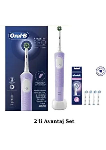 D103 Vitality Pro Şarjlı Elektrikli Diş Fırçası, Lila - Sensitive Clean, Yumuşak 4'lü Yedek Başlık