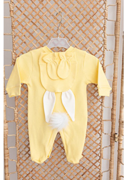 100% Pamuk 3 Parça Pon Pon Lu Patikli Tavşan Tulumu Sarı Renkli Yumuşak Tasarım