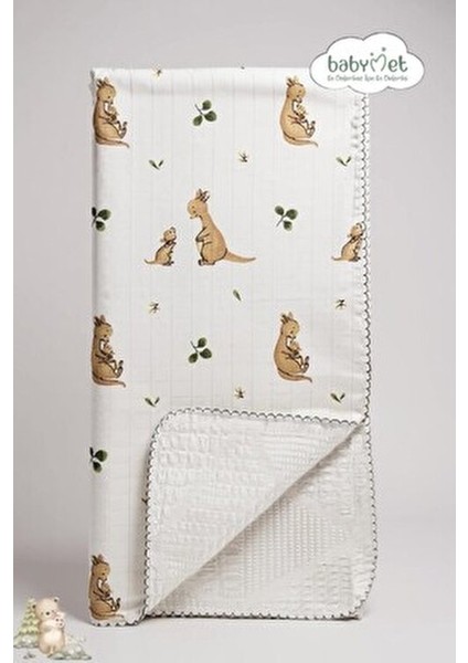 %100 Pamuk Bebek Battaniyesi 100X100 cm – Çift Taraflı Müslin Pike Kanguru Desen, Doğal