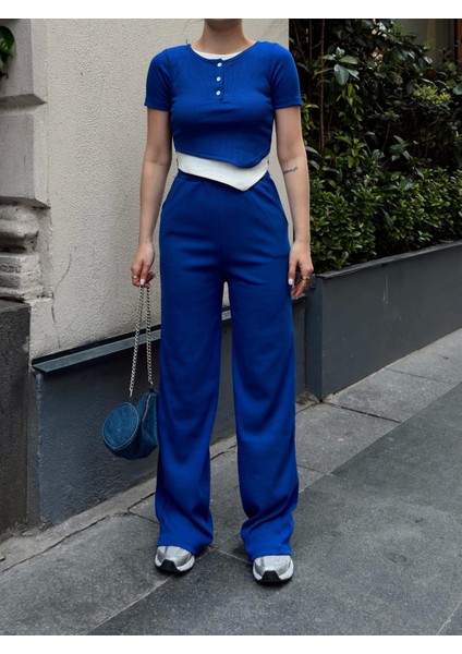 Düğme Yakalı Saks Alt Üst Takım