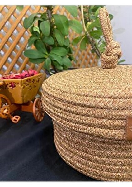 Jüt Çok Amaçlı Sepet 20x10 Haki Renkli Hasır Kapaklı Banyo ve Mutfak Organizeri fırsatları