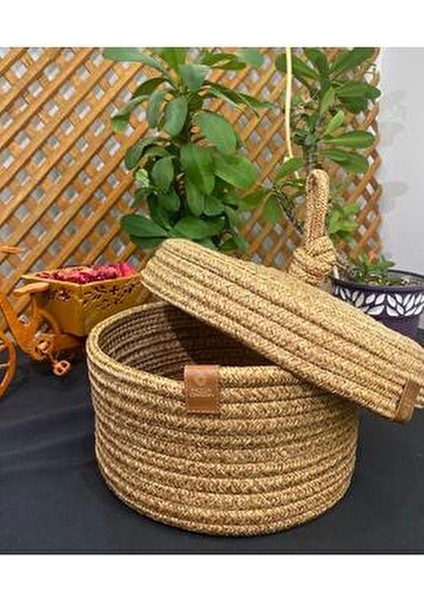 Jüt Çok Amaçlı Sepet 20x10 Haki Renkli Hasır Kapaklı Banyo ve Mutfak Organizeri indirimleri