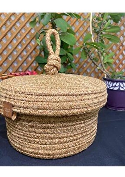 Jüt Çok Amaçlı Sepet 20x10 Haki Renkli Hasır Kapaklı Banyo ve Mutfak Organizeri