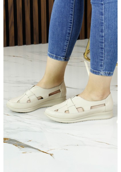 Aida Bej Hakiki Dana Derisi Kesik Detaylı Lastikli Slip-On Günlük Ayakkabı indirimleri