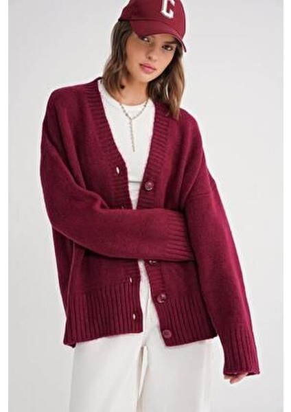 6927 Kadın Yumuşak Dokulu Salaş Basic Triko Hırka Bordo