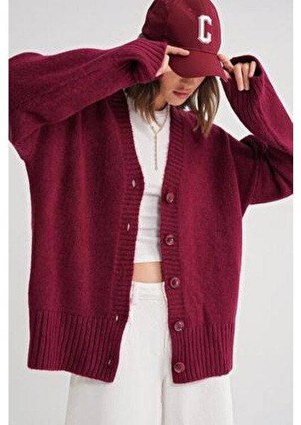 6927 Kadın Yumuşak Dokulu Salaş Basic Triko Hırka Bordo fiyatları