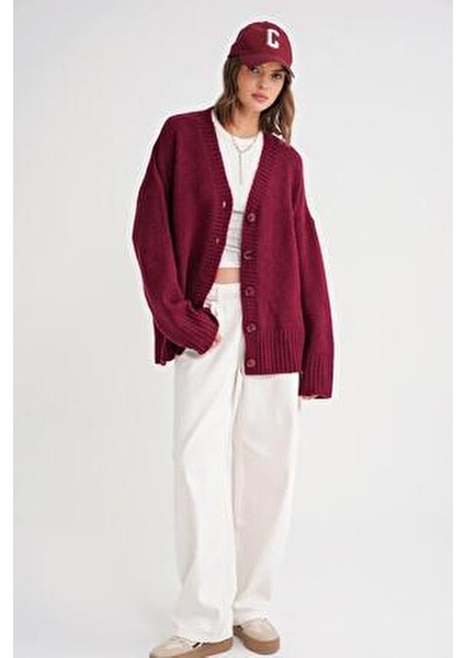 6927 Kadın Yumuşak Dokulu Salaş Basic Triko Hırka Bordo modelleri