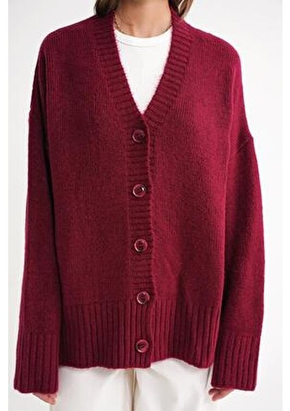 6927 Kadın Yumuşak Dokulu Salaş Basic Triko Hırka Bordo