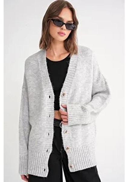 6927 Kadın Yumuşak Dokulu Salaş Basic Triko Hırka Gri