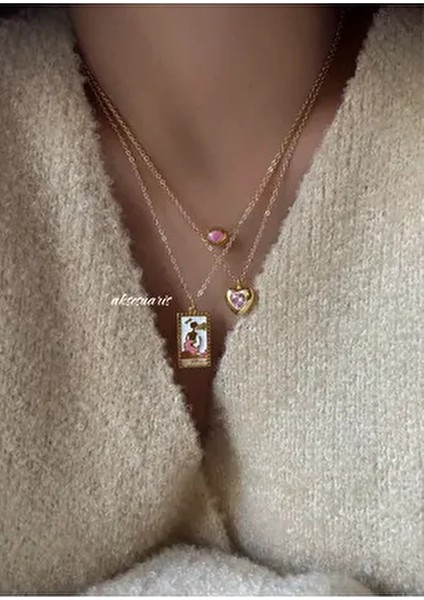 Pembe Tarot Kart ve Zirkon Taşlı Kalp Gold Zincir Kolye Kombin Sarı Maden ile Özel Tasarım