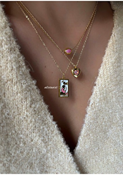 Pembe Tarot Kart ve Zirkon Taşlı Kalp Gold Zincir Kolye Kombin Sarı Maden ile Özel Tasarım fiyatları