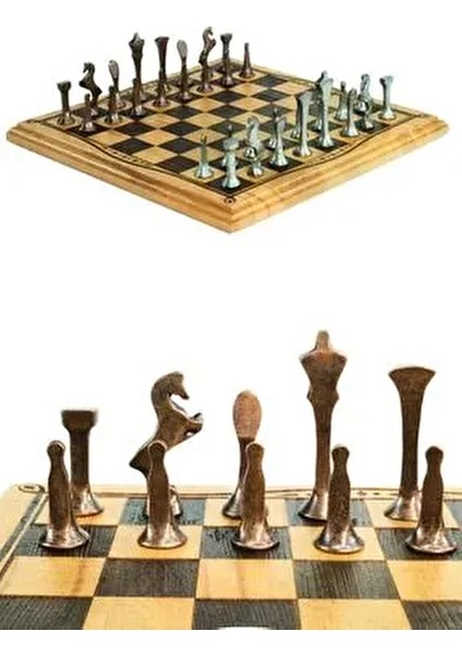 MC52 Metal Satranç Takımı | El Yapımı Doğal Ahşap Kayın Tahta | Antik Metal Taşlar